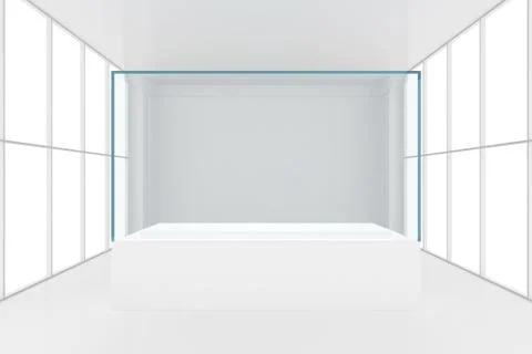 Display case. 3d render showcase in white room with windows Stock Illustration