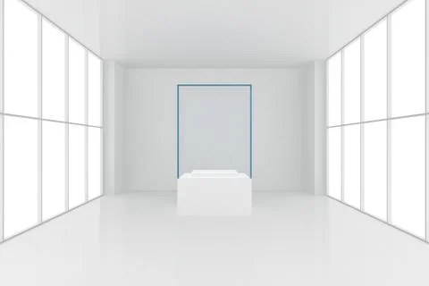 Display case. 3d render showcase in white room with windows Stock Illustration