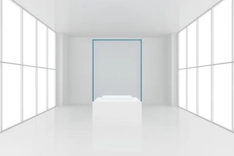 Display case. 3d render showcase in white room with windows Stock Illustration