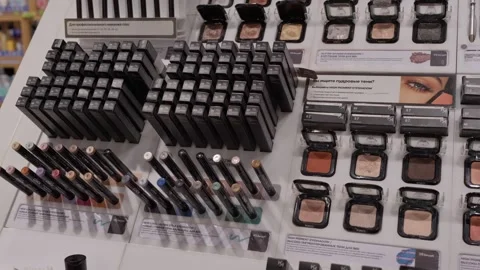 A display case of decorative cosmetics samples. Minsk, Belarus - June 5, 2025 Video stock 329584164