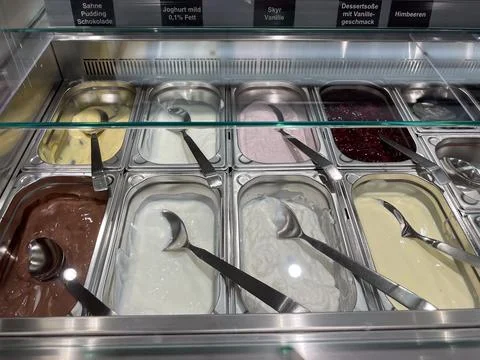 Display case with different flavors of pudding. Stock Photos