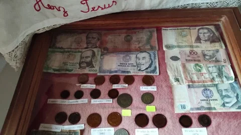 Display case with old bills and coins in the "Schafferer Museum" in Pozuzo, Peru Stock Footage 283305223