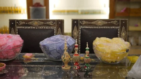 Display close up natural solid perfumes soap at Medina, Marrakesh, Morocco Stock Footage 108544546
