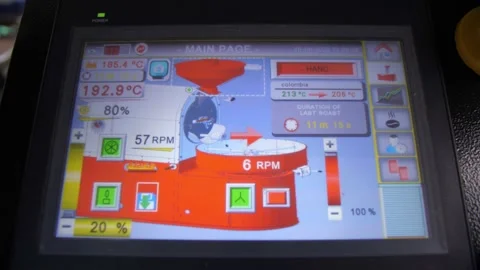 Display Control panel of working aroma machine.Wide shot of coffee roaster Stock Footage 214342745