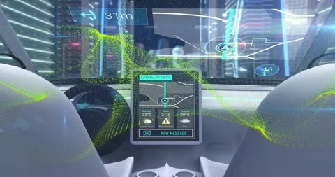 Display detecting left turn in 35m, toggling messages and streaming neon data Stock Footage 317228745