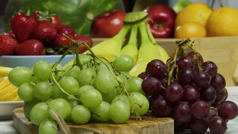 Display of different grapes and other fruit - closeup shot Stock Footage 341191344