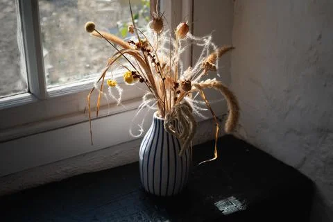 Display of dried grasses in a vase on a rustic window sill in natural light. Stock Photos