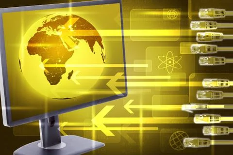 Display with earth and set of computer cables Illustrazione stock