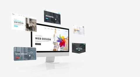 Display featuring web design studio sample pages circling around, showcasing  Stock Photos