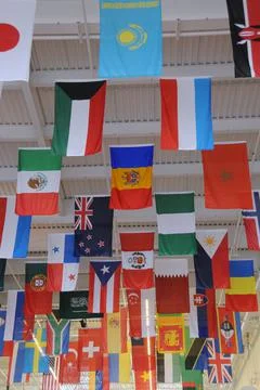 Display of flags from countries around the world at Boeing Future of Flight. Stock Photos