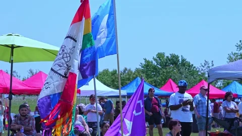 Display of flags at Two Spirits Pow wow. Iroquois Confederacy flag. Pride f.. Stock Footage 269542731