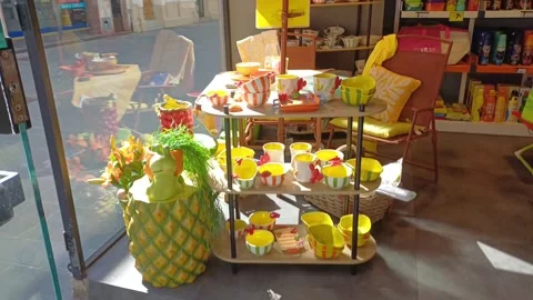Display of gift items and colorful objects in a retail store in Viareggio Stock-Footage 335661994