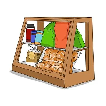 A display glass case with plain bread, vegetables,milk powder, plastik cup,peanu Stock Illustration