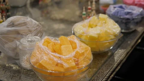Display of green, natural solid perfumes at Medina, Marrakesh, Morocco. Blocks Stock Footage 108544630