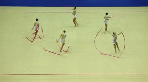 Display of gymnasts with ribbons at 30-th rhythmic gymnastics world Stock Footage