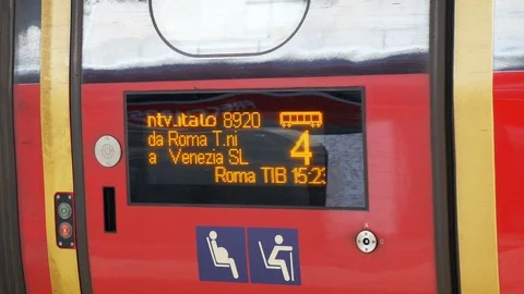 Display information on train door at Termini Railway station Rome Stock Footage 91947597