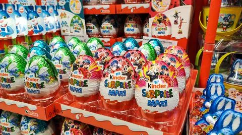 Display of the kinder chocolate range in a store Stock Photos