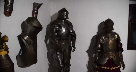 Display of knight armor in Dracula Castle, Gothic medieval style Stock Footage 294734649