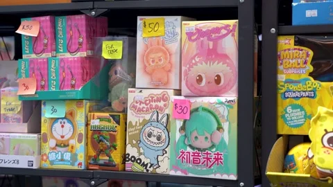 Display of Labubu collectible toy boxes in store. Toronto, Canada - February 19, Stock Footage 330612267