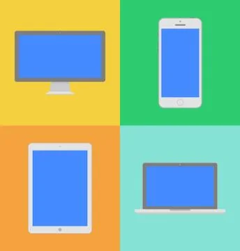 Display, laptop, tablet computer and mobile phone template with blue screen Stock Illustration