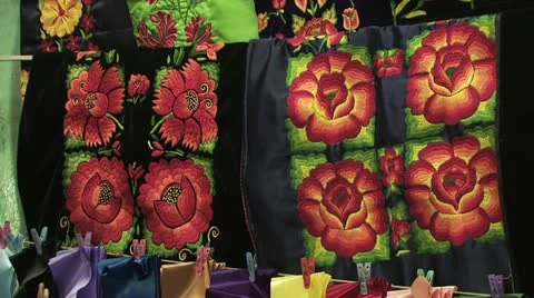 Display of Large Hand Crafted Mexican Blankets/Fabrics With a Multicolored Stock-Footage 19327976