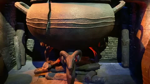 Display of the Leaky Cauldron inside the Harry Potter Studio Tour in Leavesden Stock Footage 323918440