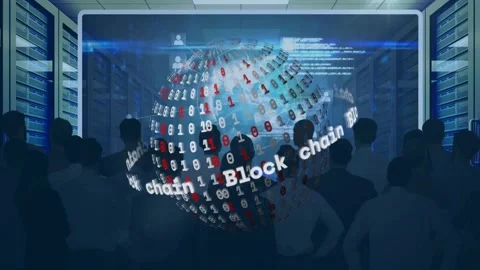 Display lighting up, binary globe rotating with Block chain band, engaging tech Stock Footage 328468802