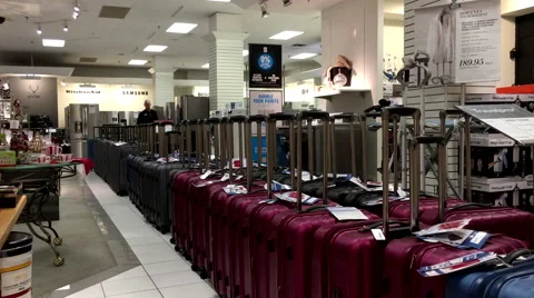 Display luggages inside The Bay store with 4k resolution Stock Footage 58784401