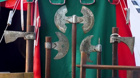 Display of Medieval Weapons, Axes and Polearms Stock Footage 312211241