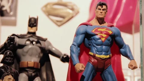 Display of Mini DC Comics Superhero Replicas in a Room. Close Up. Stock Footage 106043070