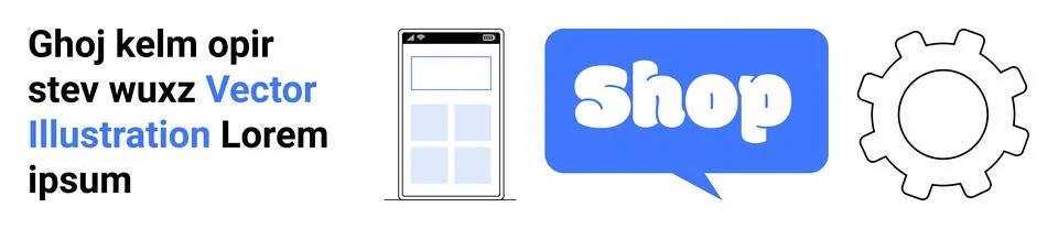 Display of a mobile device layout with text, a blue speech bubble labeled Sho イラスト素材