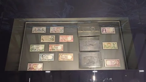 Display of Modern Banknotes in Wall Case, Museo Casa de Moneda, Bogotá, Colombia Stock Footage 331518501