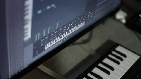 Display on the monitor of the program interface for editing and writing music. Stock Footage 168966661