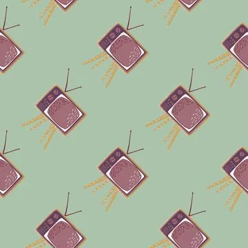 Display movie seamless pattern with pale purple tv set elements. Light green  Stock Illustration