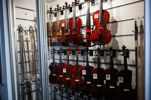 Display of multiple violins in a music store showcasing string instruments Stock Photos