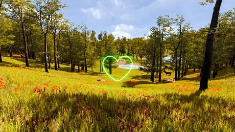 Display of a neon heart in a virtual forest a computer designed landscape 3.. Stock Illustration
