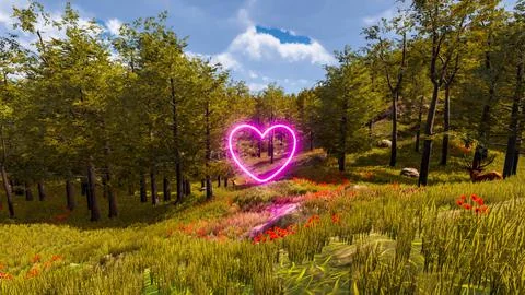 Display of a neon heart in a virtual forest a computer designed landscape 3.. Illustration