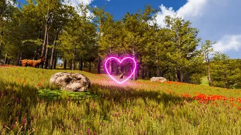 Display of a neon heart in a virtual forest a computer designed landscape 3.. Stock Illustration