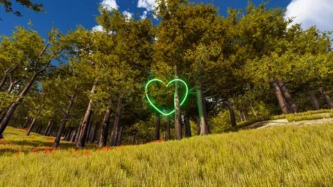 Display of a neon heart in a virtual forest a computer designed landscape 3.. Illustration