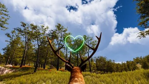 Display of a neon heart in a virtual forest a computer designed landscape 3.. Stock Illustration