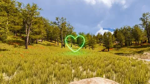 Display of a neon heart in a virtual forest a computer designed landscape 3.. Illustrazione stock