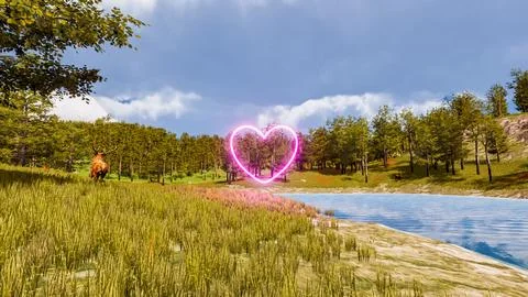 Display of a neon heart in a virtual forest a computer designed landscape 3.. Illustrazione stock