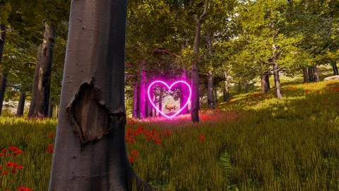 Display of a neon heart in a virtual forest a computer designed landscape 3.. Stock Illustration