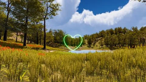 Display of a neon heart in a virtual forest a computer designed landscape 3.. Illustrazione stock