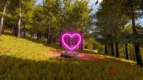 Display of a neon heart in a virtual forest a computer designed landscape 3.. Stock Illustration