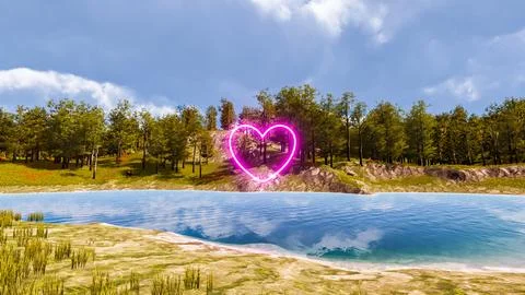 Display of a neon heart in a virtual forest a computer designed landscape 3.. Illustration