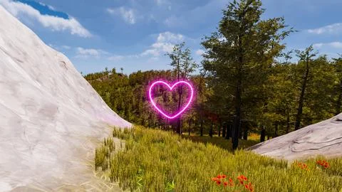 Display of a neon heart in a virtual forest a computer designed landscape 3.. Illustrazione stock