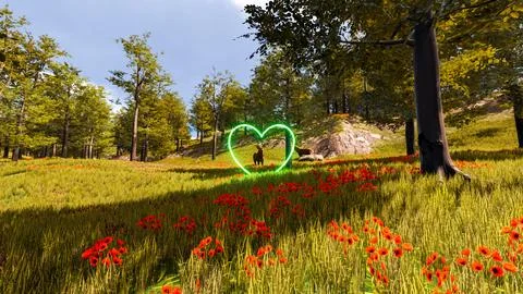 Display of a neon heart in a virtual forest a computer designed landscape 3.. Stock Illustration