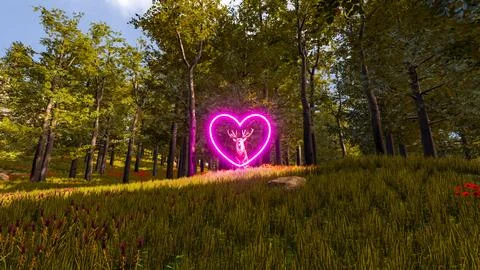 Display of a neon heart in a virtual forest a computer designed landscape 3.. Illustrazione stock