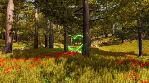 Display of a neon heart in a virtual forest a computer designed landscape 3.. Stock Illustration